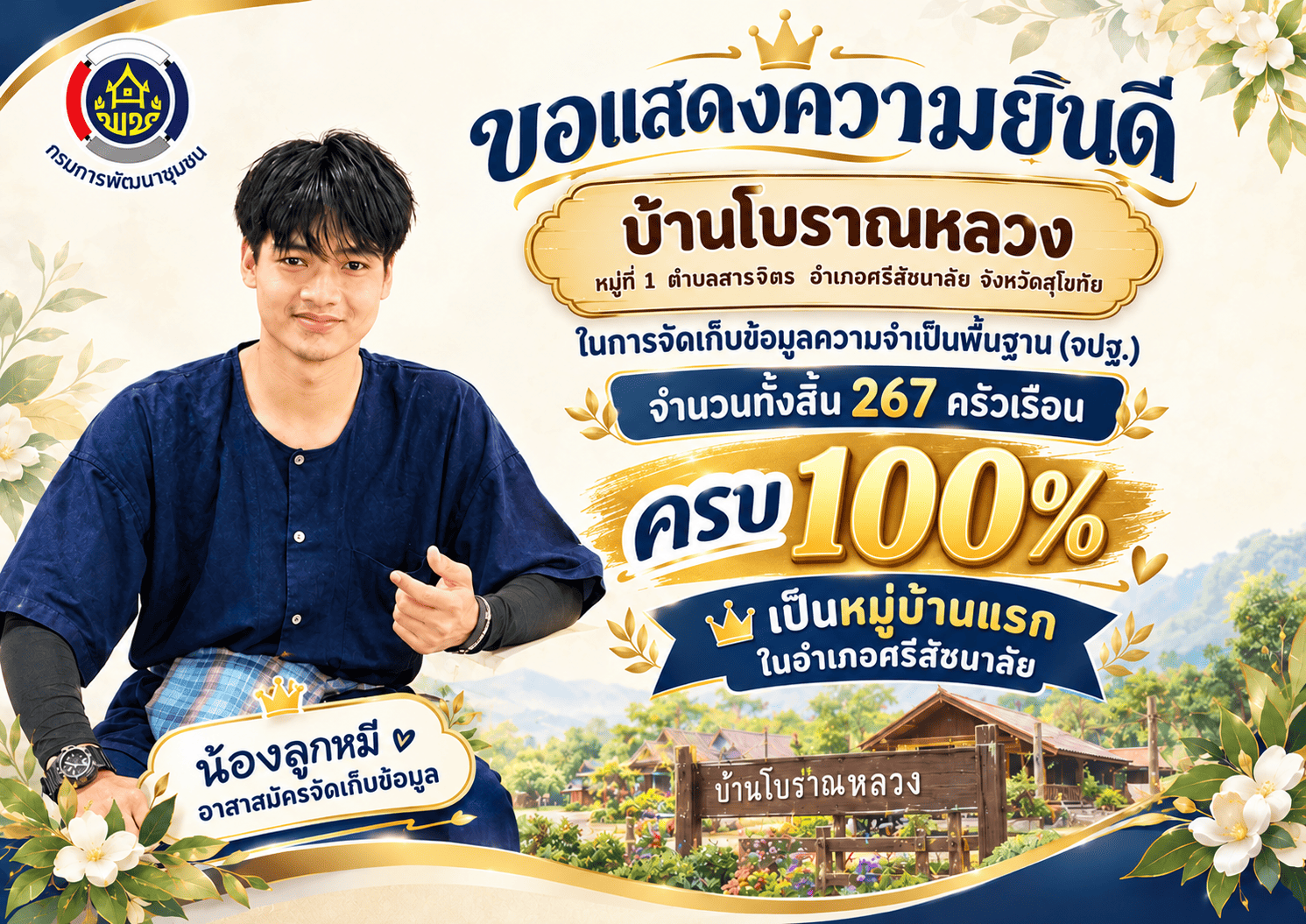 พช.ศรีสัชนาลัย ขอประชาสัมพันธ์ความสำเร็จในการจัดเก็บข้อมูลความจำเป็นพื้นฐาน (จปฐ.) ครบ 100% เป็นหมู่บ้านแรกของอำเภอศรีสัชนาลัย